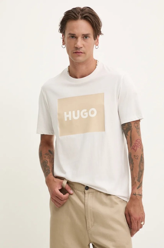 Bavlněné tričko HUGO kulatý béžová 50467952