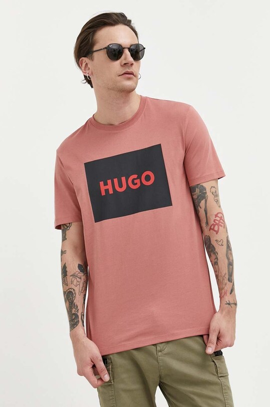 Βαμβακερό μπλουζάκι HUGO στάμπα ροζ 50467952