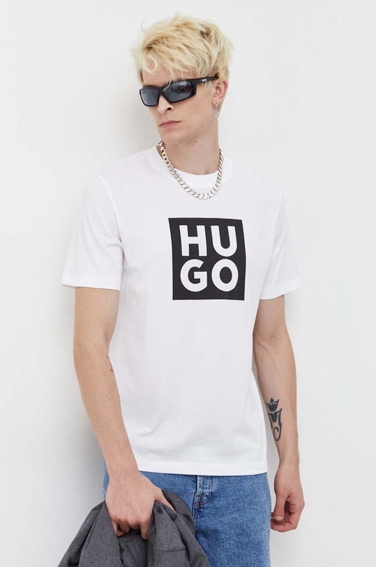 HUGO t-shirt bawełniany nadruk beżowy 50473891