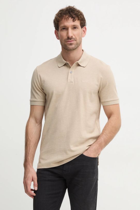 Памучна тениска с яка BOSS стандартна бежов 50468362