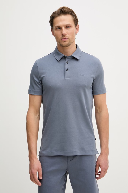 BOSS тениска с яка мъжка от памук син 50471335