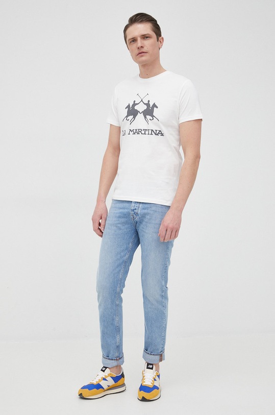 La Martina t-shirt bawełniany CCMR05 beżowy SS22