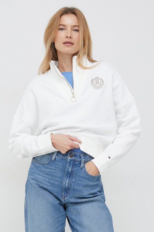 Bavlněná mikina Tommy Hilfiger bez kapuce bílá WW0WW37172.PPYX