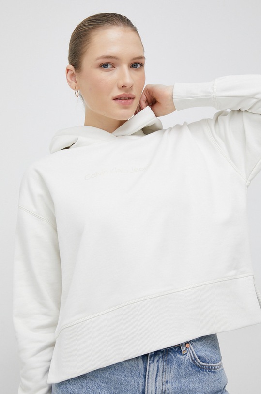 Bavlněná mikina Calvin Klein Jeans s kapucí béžová J20J220430.PPYX
