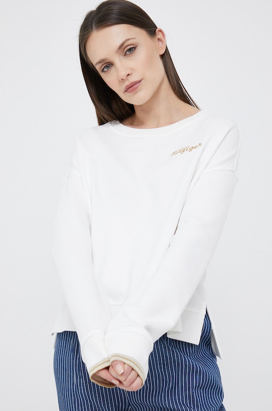 Bavlněná mikina Tommy Hilfiger bez kapuce bílá WW0WW38773.PPYX