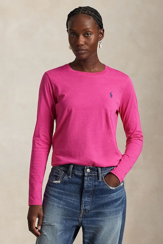 Bavlněné tričko s dlouhým rukávem Polo Ralph Lauren hladký růžová 211898699