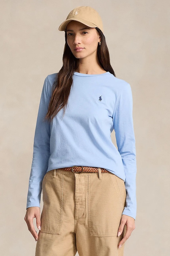 Bavlněné tričko s dlouhým rukávem Polo Ralph Lauren hladký modrá 211898699