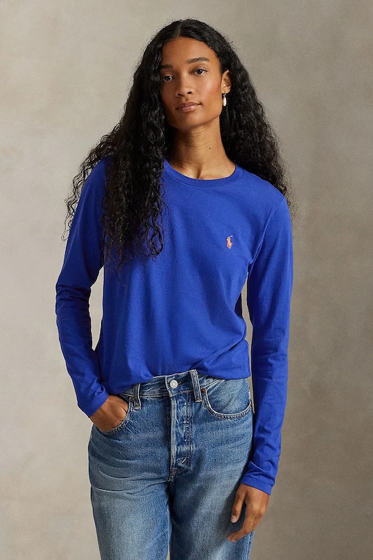 Bombažna majica z dolgimi rokavi Polo Ralph Lauren Brez vzorca mornarsko modra 211898699