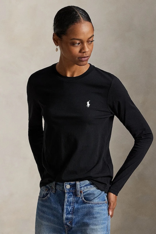 Polo Ralph Lauren top a maniche lunghe in cotone semplice nero 211898699