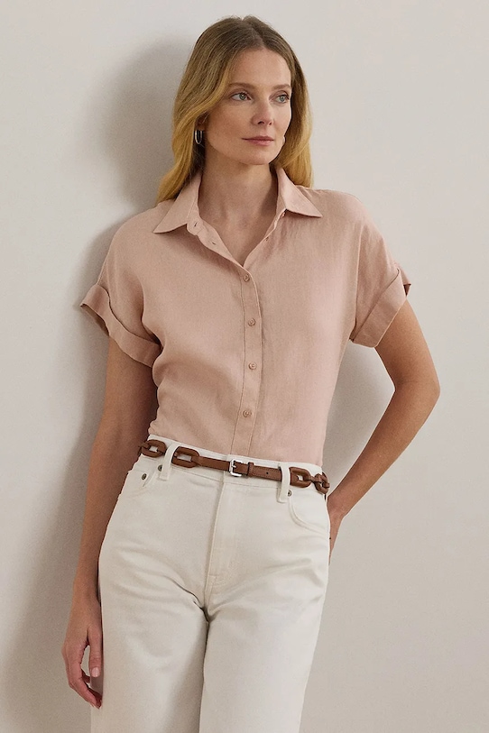 Lauren Ralph Lauren cămașă de in scurt portocaliu 200699152