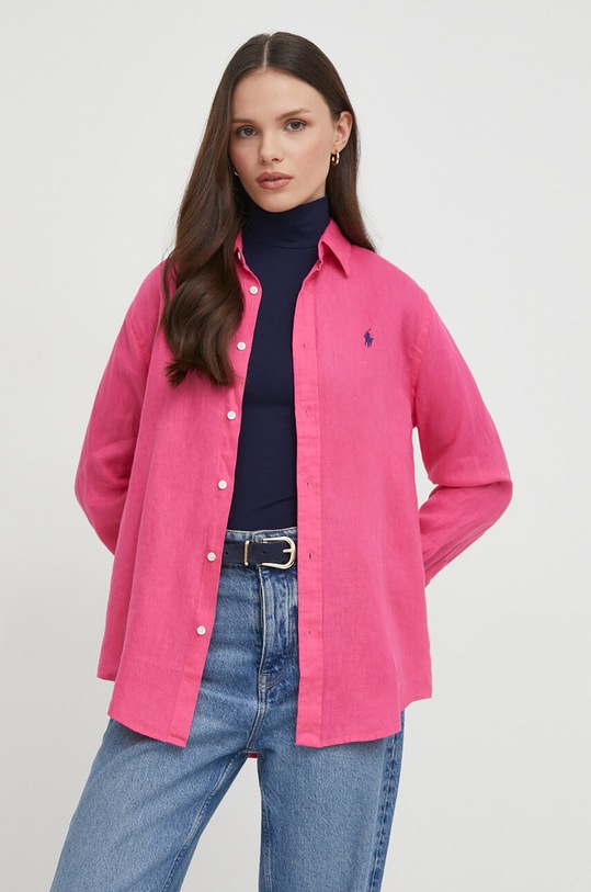 Πουκάμισο από λινό Polo Ralph Lauren μακρύ ροζ 211920516