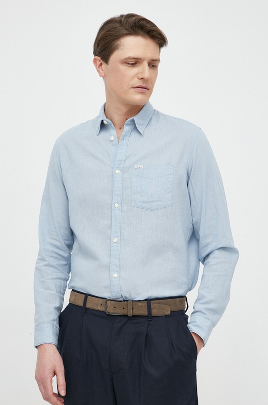 Πουκάμισο από λινό Pepe Jeans Parker Long μακρύ μπλε PM307793.504