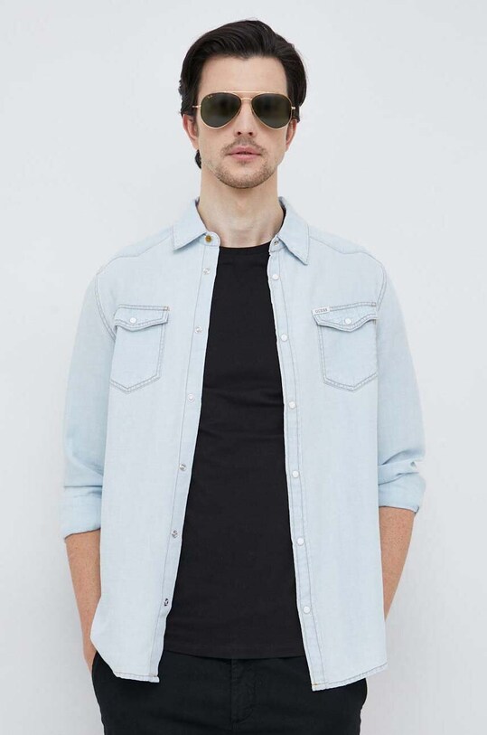 Guess koszula z domieszką lnu klasyczny niebieski M3GH02.D4ZF1