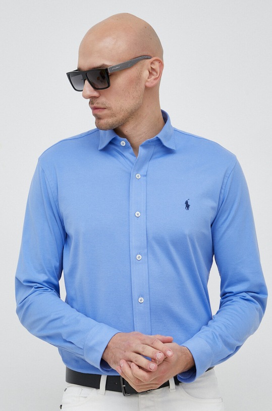 Βαμβακερό πουκάμισο Polo Ralph Lauren μακρύ μπλε 710899386