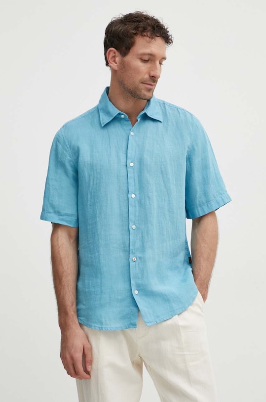 Lněná košile BOSS ORANGE hladký modrá 50489345