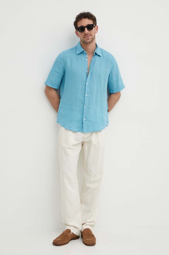 Oblečení Lněná košile BOSS ORANGE 50489345 modrá