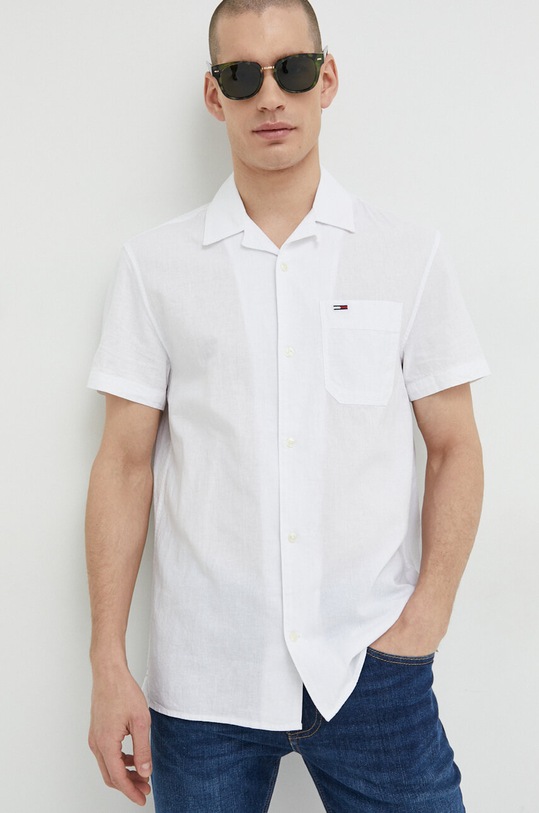 Košile s příměsí lnu Tommy Jeans hladký bílá DM0DM15924.PPYX