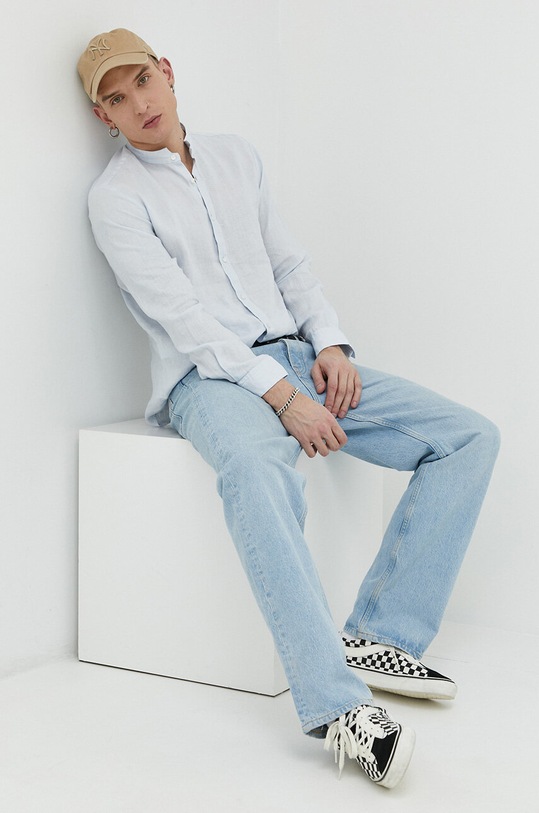 HUGO koszula męska lniana 50490740 niebieski SS26