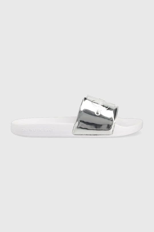 Calvin Klein Jeans papuci SLIDE METALLIC MONOLOGO imitatie de piele lacuita argintiu YW0YW00638