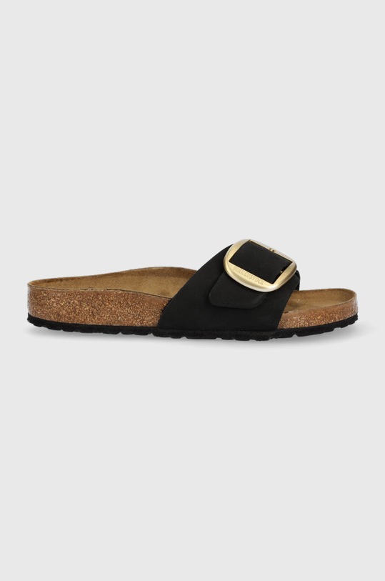 Birkenstock klapki zamszowe Madrid Big Buckle płaski czarny 1023342