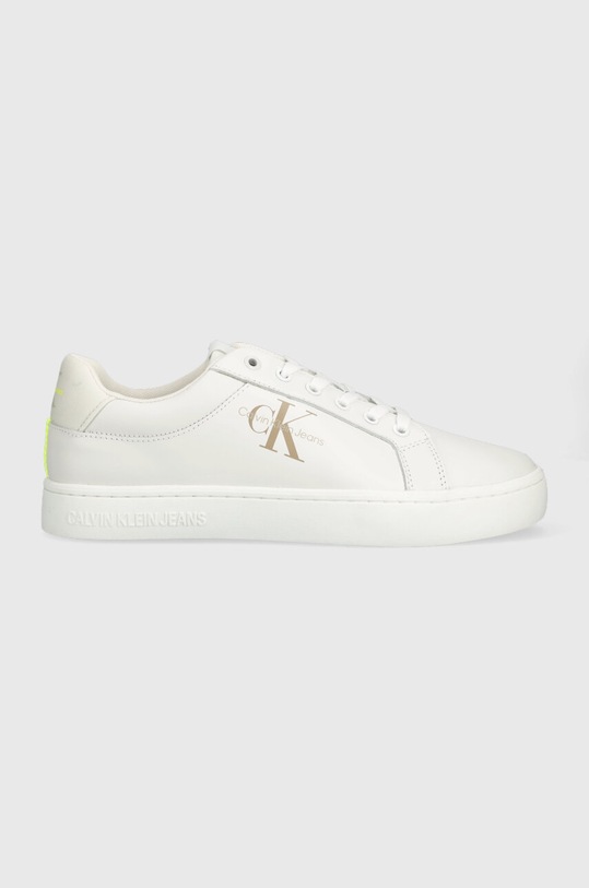 Calvin Klein Jeans sneakersy skórzane CLASSIC CUPSOLE FLUO CONTRAST Planet friendly biały YM0YM00603
