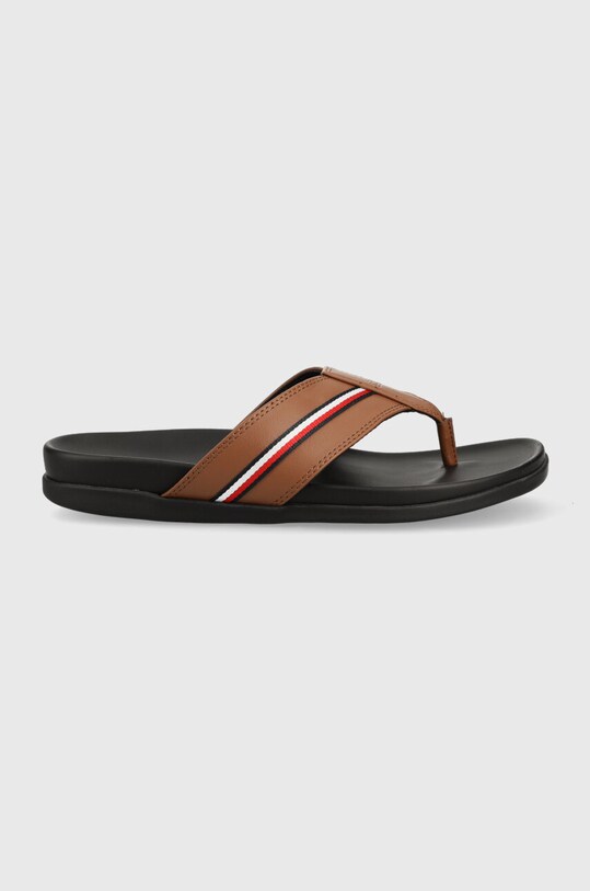 Žabky Tommy Hilfiger HILFIGER LEATHER TOE POST SANDAL Planet friendly hnědá FM0FM04460