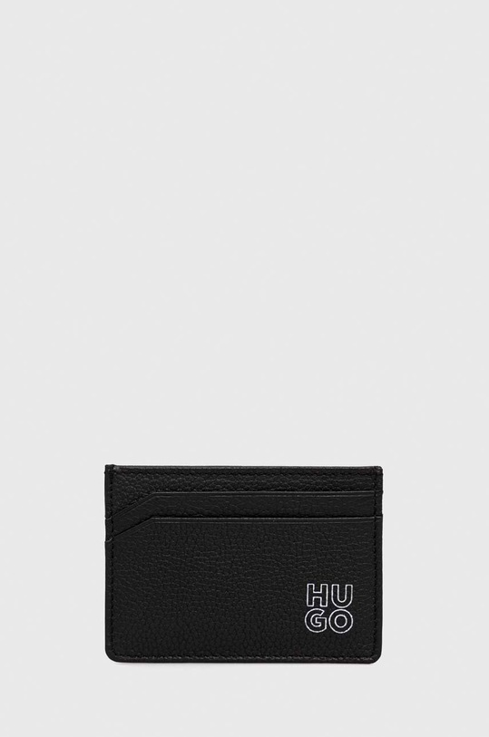 HUGO etui na kartę skórzane drobny wzór czarny 50487005