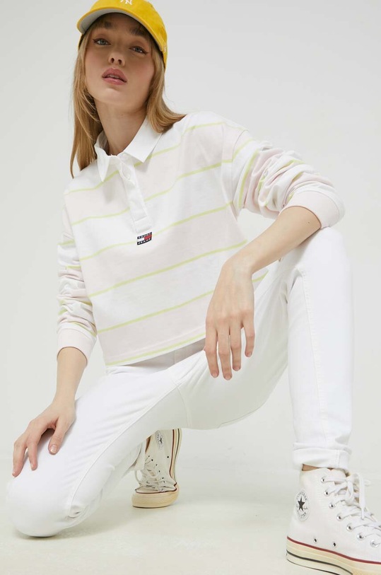 Βαμβακερή μπλούζα με μακριά μανίκια Tommy Jeans ρίγες ροζ DW0DW15328.PPYX