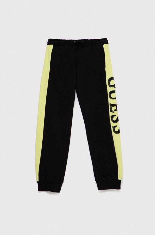Παιδικό βαμβακερό παντελόνι Guess απλικέ μαύρο N3RQ12.KA6R3.PPYX