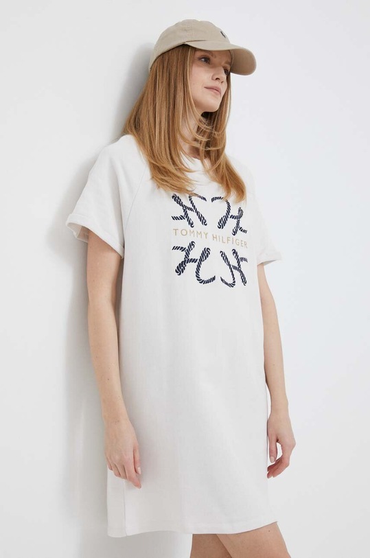 Bavlněné šaty Tommy Hilfiger mini béžová WW0WW38629.PPYX