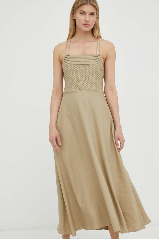 Obleka iz mešanice lana Bruuns Bazaar Oxalis Franca Casual bež BBW3392