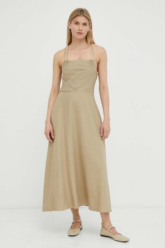 Obleka iz mešanice lana Bruuns Bazaar Oxalis Franca BBW3392 bež SS23