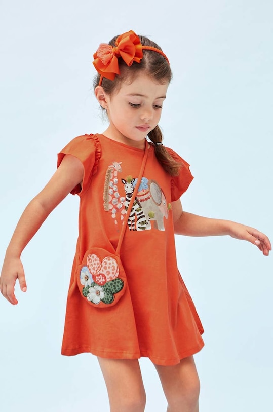 Mayoral sukienka dziecięca z torebką nadruk pomarańczowy 3947.6M.MINI.G