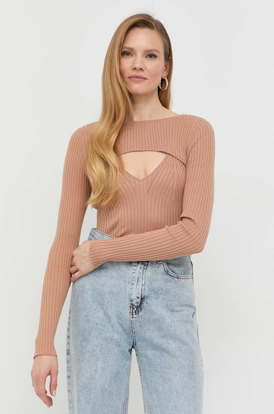 Tričko s dlouhým rukávem s hedvábím Guess kulatý béžová W3RR32.Z30L1