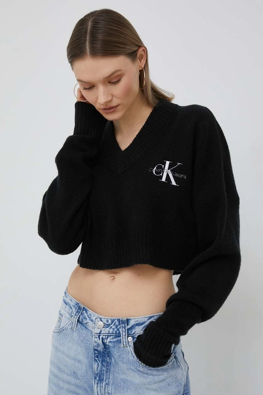 Calvin Klein Jeans sweter z domieszką wełny aplikacja czarny J20J220525.PPYX