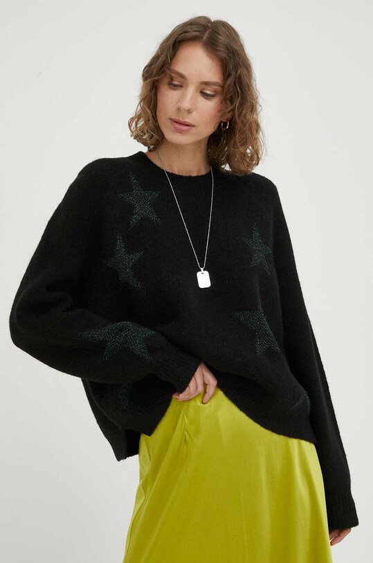 AllSaints sweter wełniany STAR JUMPER okrągły czarny WK161T