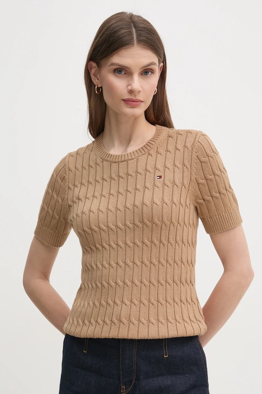 Bavlněný svetr Tommy Hilfiger kulatý hnědá WW0WW38744.PPYX