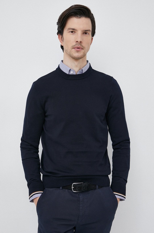 Bavlněný svetr BOSS kulatý námořnická modř 50489650