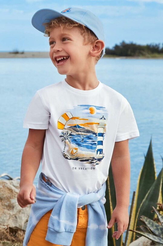 Mayoral t-shirt bawełniany dziecięcy nadruk biały 3023.5G.MINI