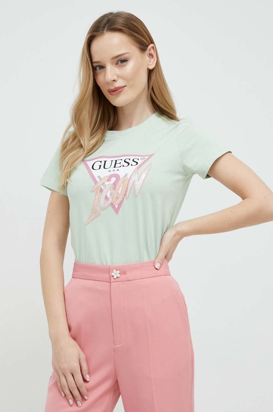 Памучна тениска Guess щампа зелен W3RI12.I3Z14