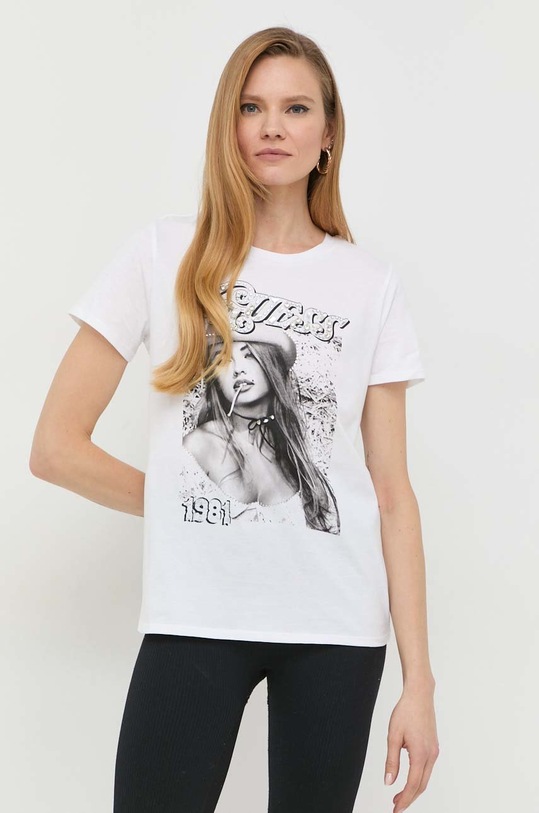 Bavlněné tričko Guess kulatý bílá W3RI56.K9RM3
