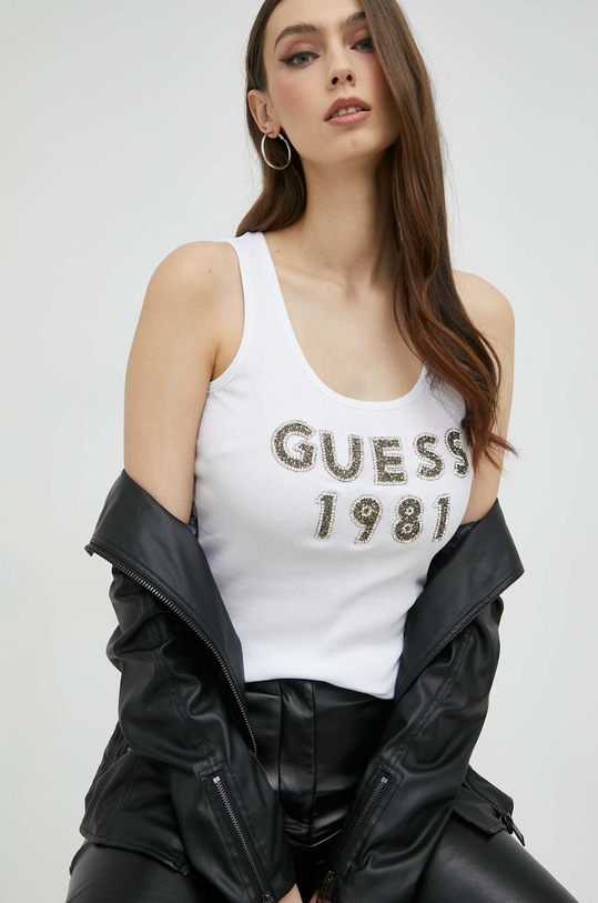 Памучен топ Guess щампа бял W3RP07.K1814