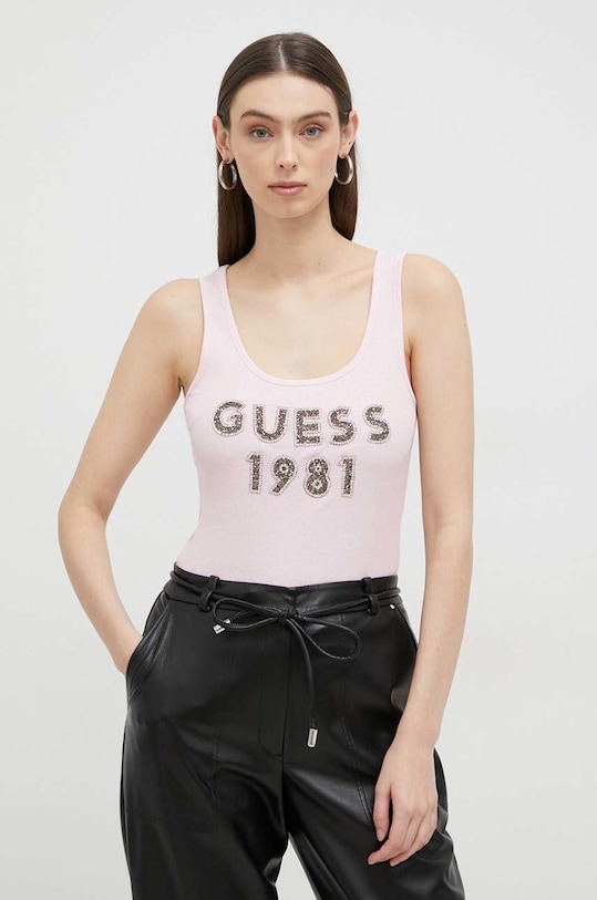 Памучен топ Guess щампа розов W3RP07.K1814