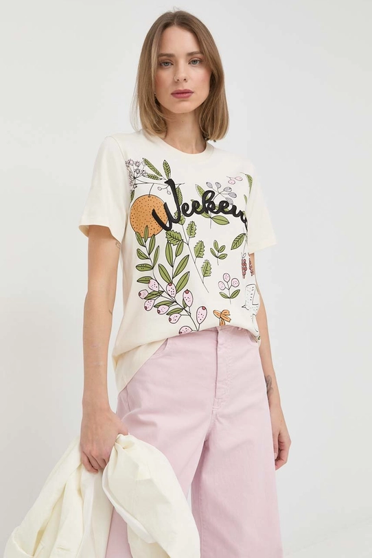 Weekend Max Mara t-shirt bawełniany wzorzyste beżowy 2359710137600