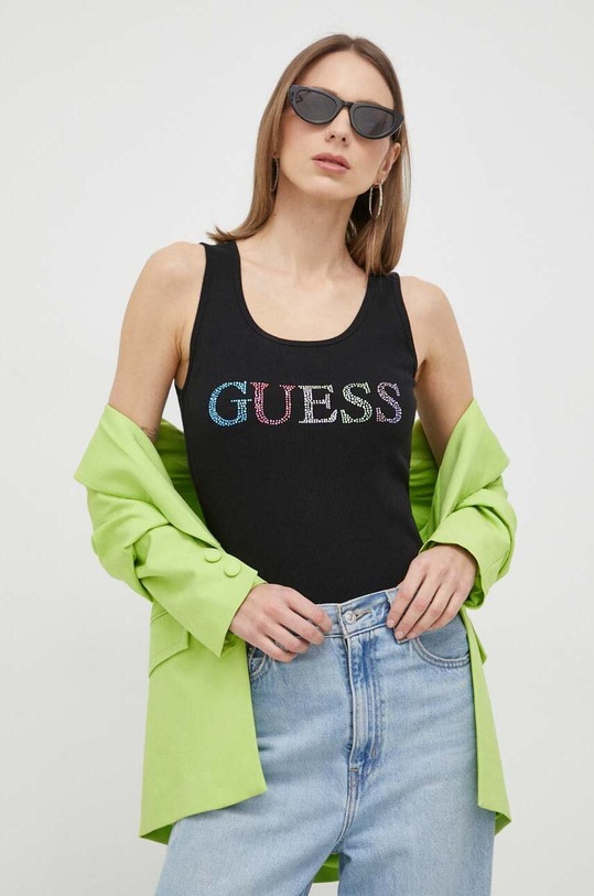 Guess top bawełniany aplikacja czarny W3GP43.K9I51