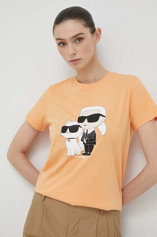 Karl Lagerfeld t-shirt bawełniany nadruk pomarańczowy 230W1704