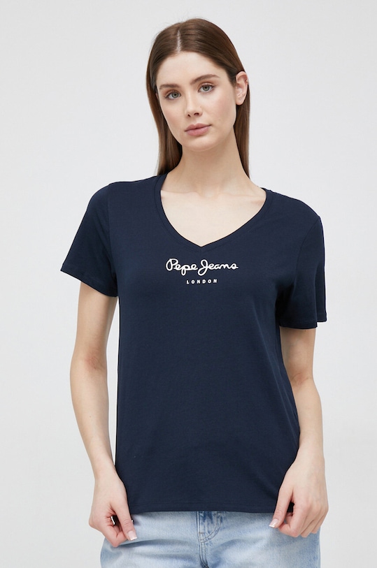 Βαμβακερό μπλουζάκι Pepe Jeans Wendy V Neck βαμβάκι σκούρο μπλε PL505482.594