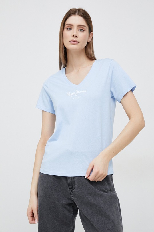 Bavlnené tričko Pepe Jeans Wendy V Neck PL505482.524 modrá SS23