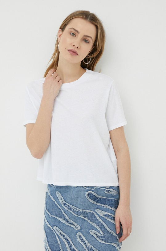 American Vintage t-shirt z domieszką lnu okrągły biały LOP02AE23