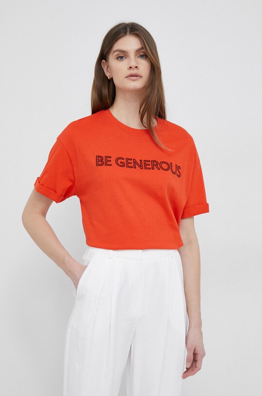Βαμβακερό μπλουζάκι United Colors of Benetton απλικέ πορτοκαλί 3096D103G.3T5